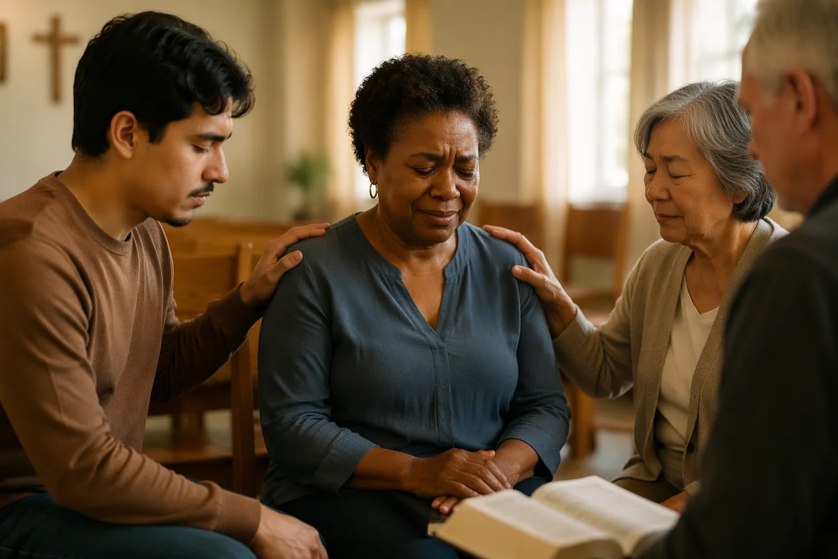 Group Prayer in Sunlit Church Sanctuary
