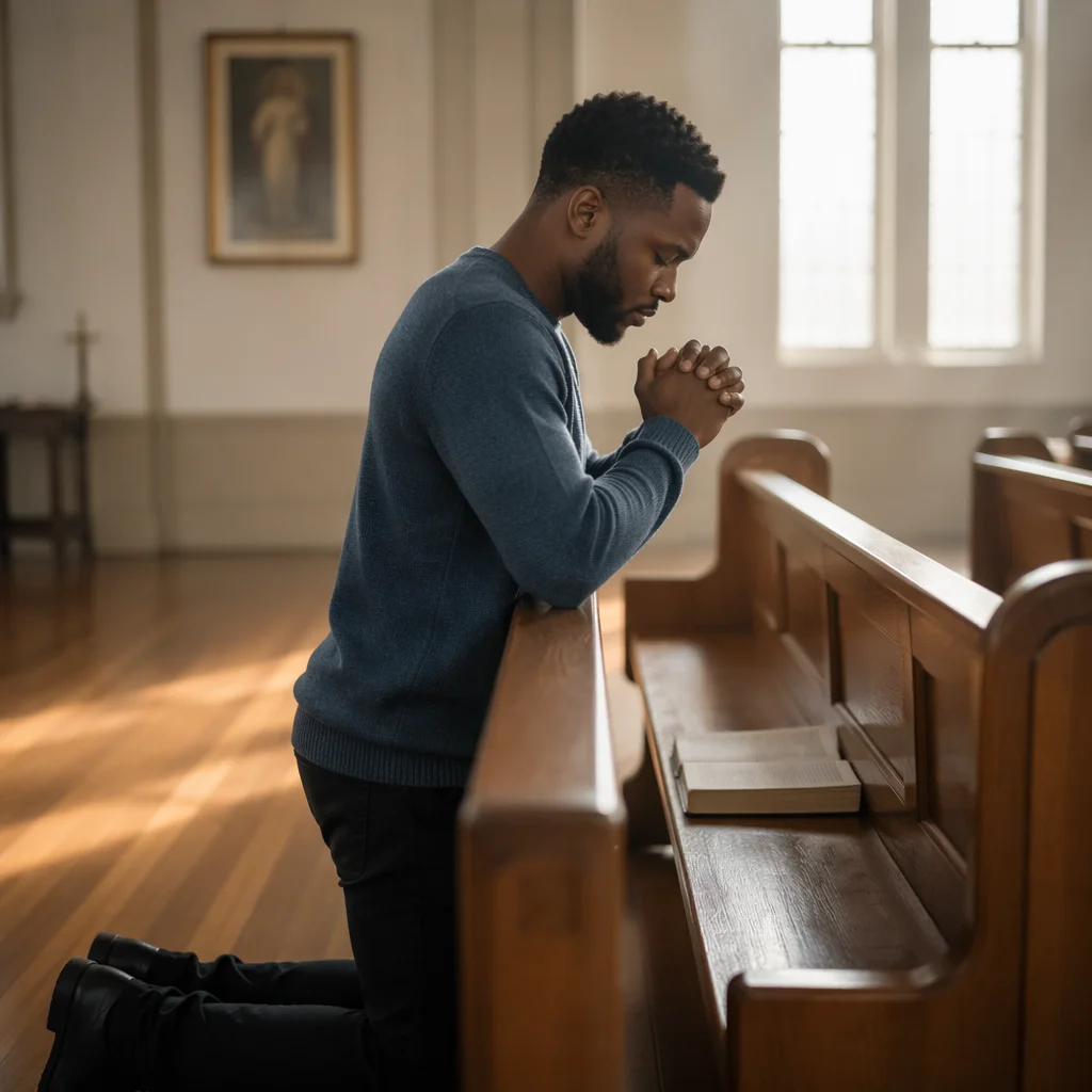 Young Man Praying in Church Sanctuary