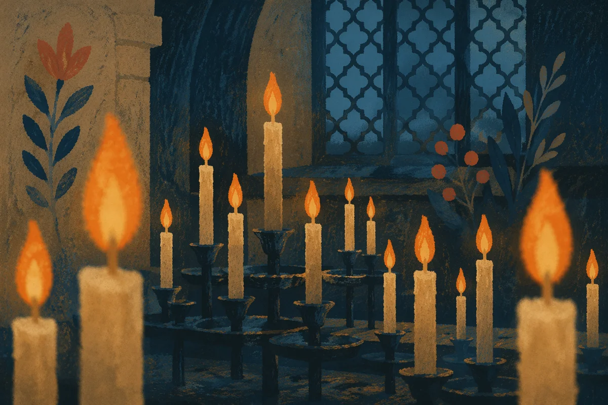 Memorial Candles Glowing in Quiet Church