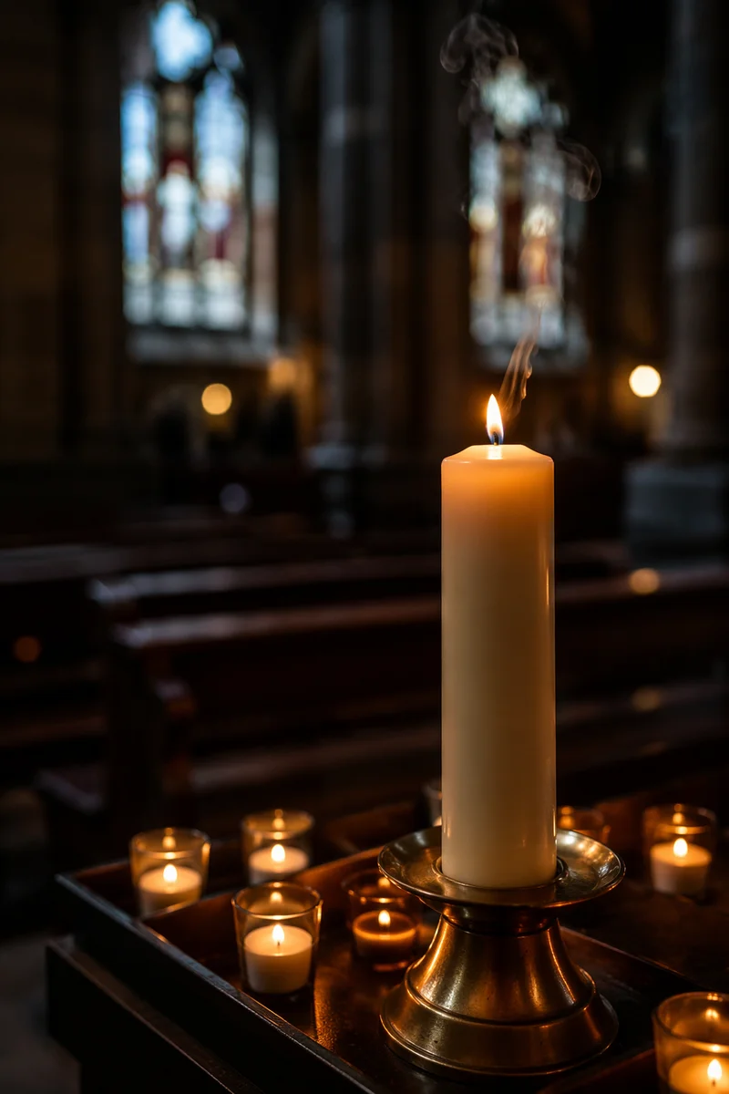 Memorial Candle Glowing in Quiet Church