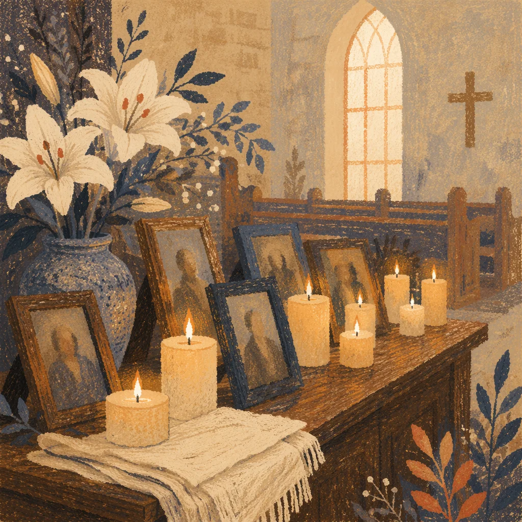 Candlelit Memorial Table in Quiet Chapel