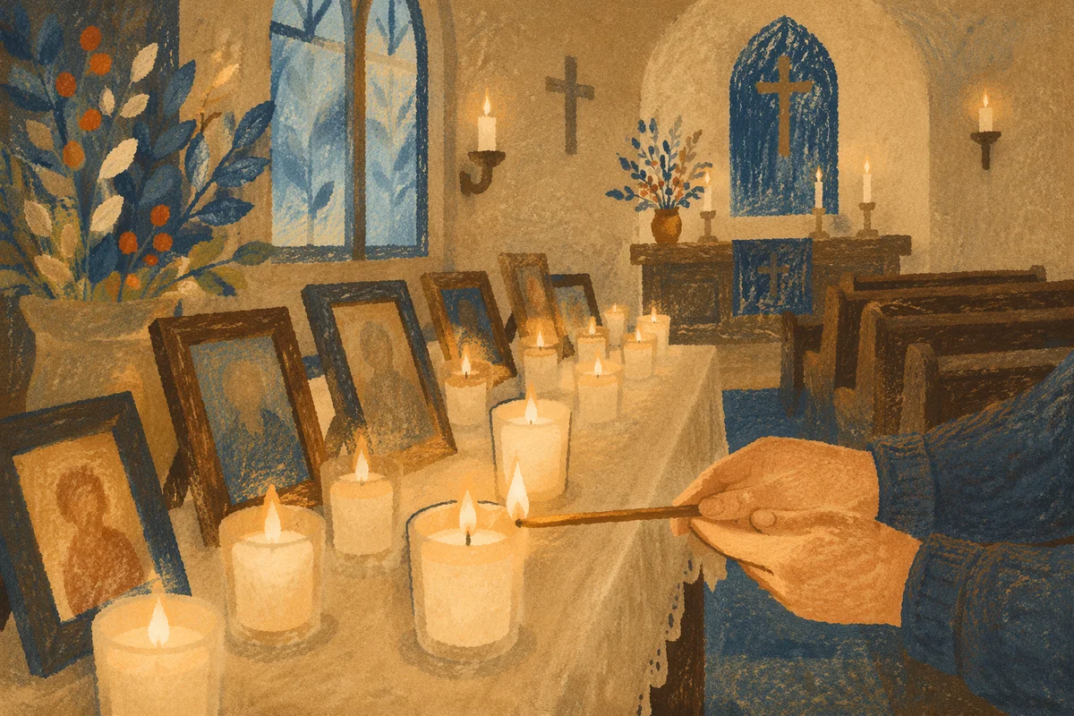 Candlelit Memorial Table in Quiet Chapel