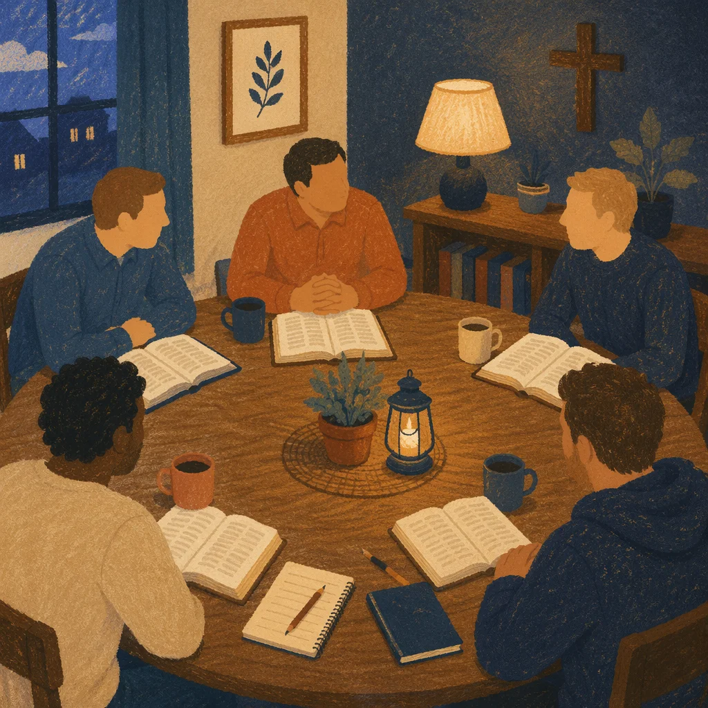 Men’s Bible Study Around Wooden Table