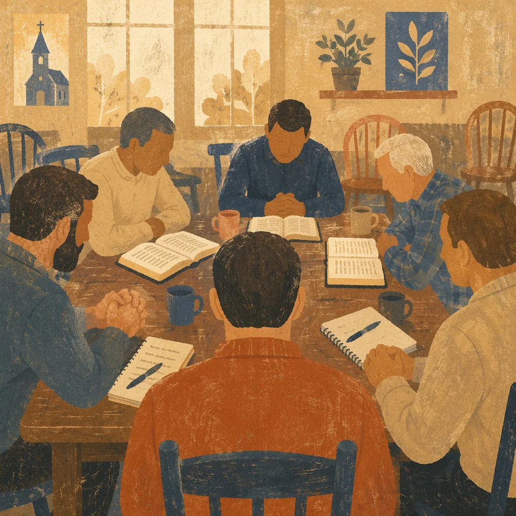 Men’s Bible Study Around Wooden Table