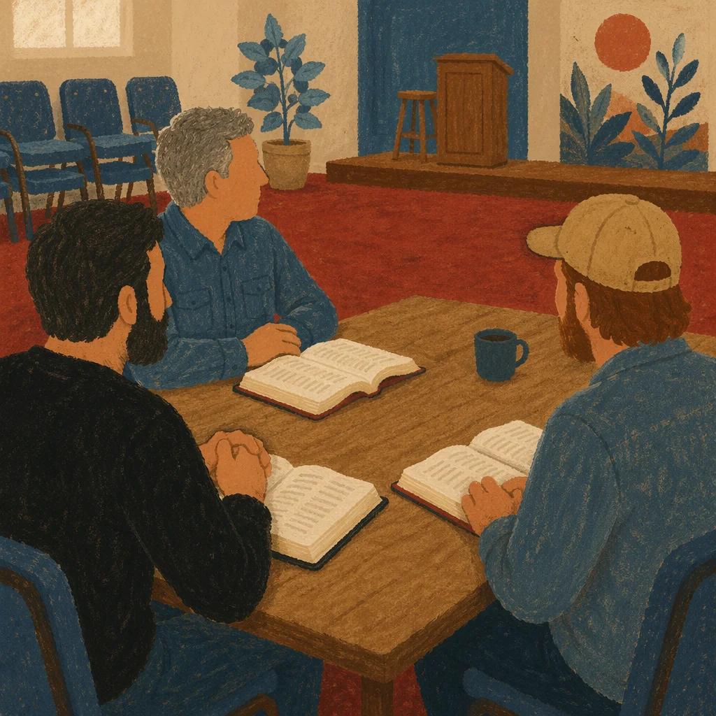 Men Discussing Scripture Around Church Table