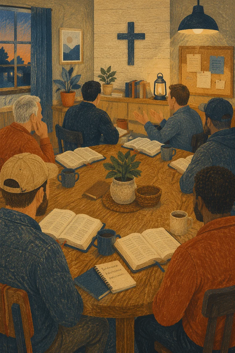 Men’s Bible Study Around Wooden Table