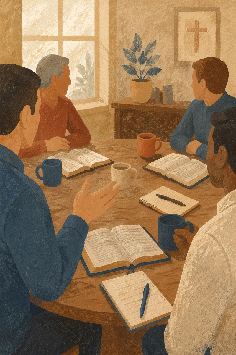 Men's Bible Study Discussion in Fellowship Room