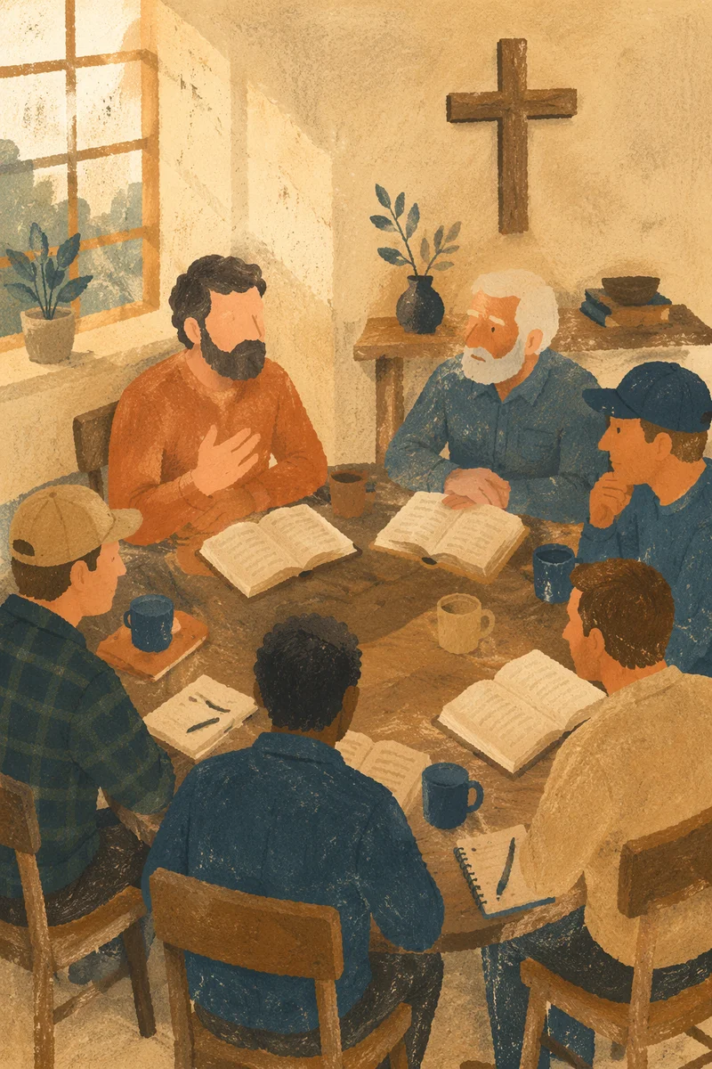 Men’s Bible Study Around Wooden Table