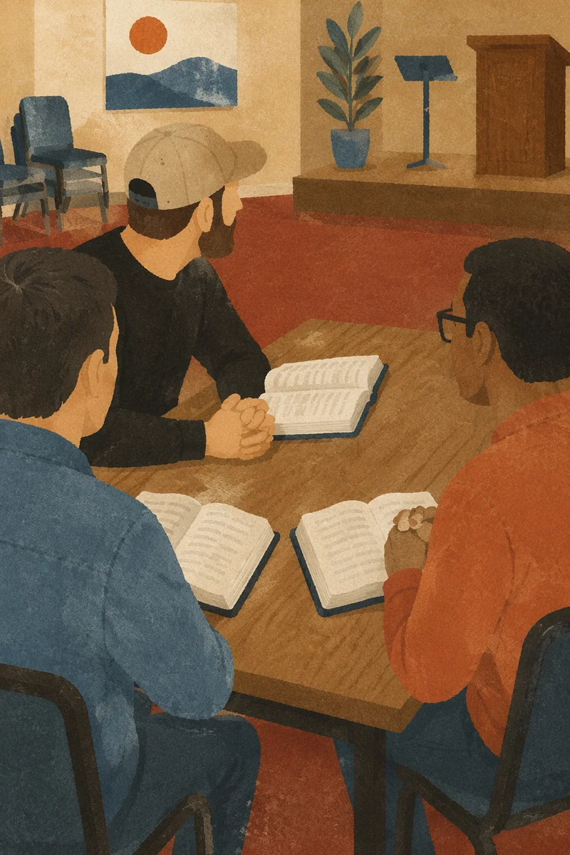 Men Discussing Scripture Around Church Table