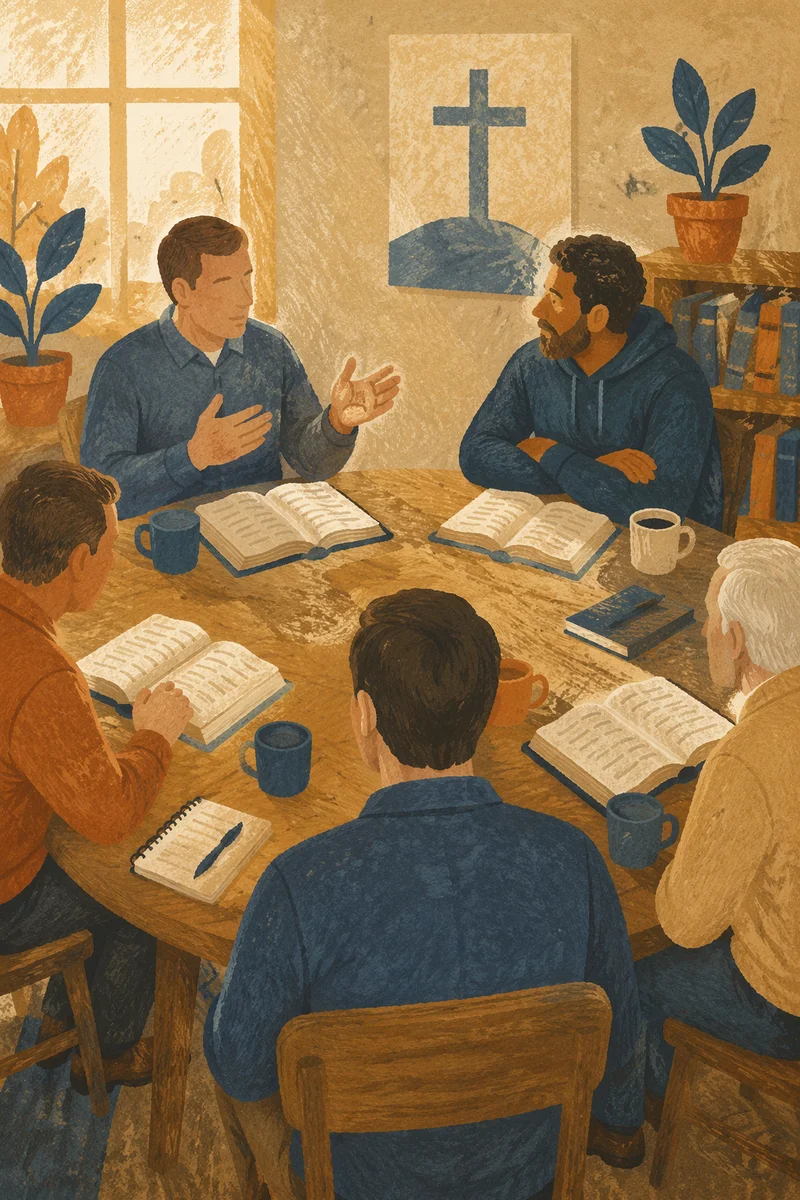 Men’s Bible Study Around Wooden Table
