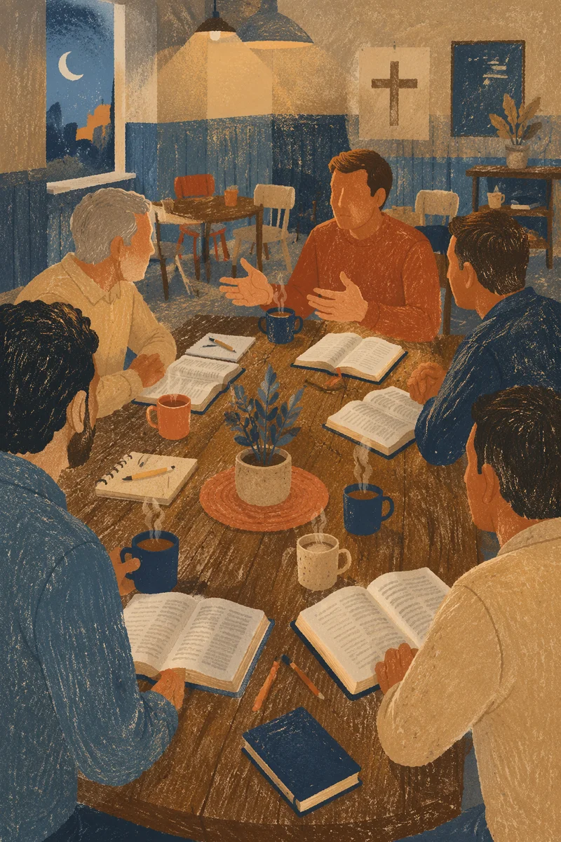 Men’s Bible Study Around Wooden Table