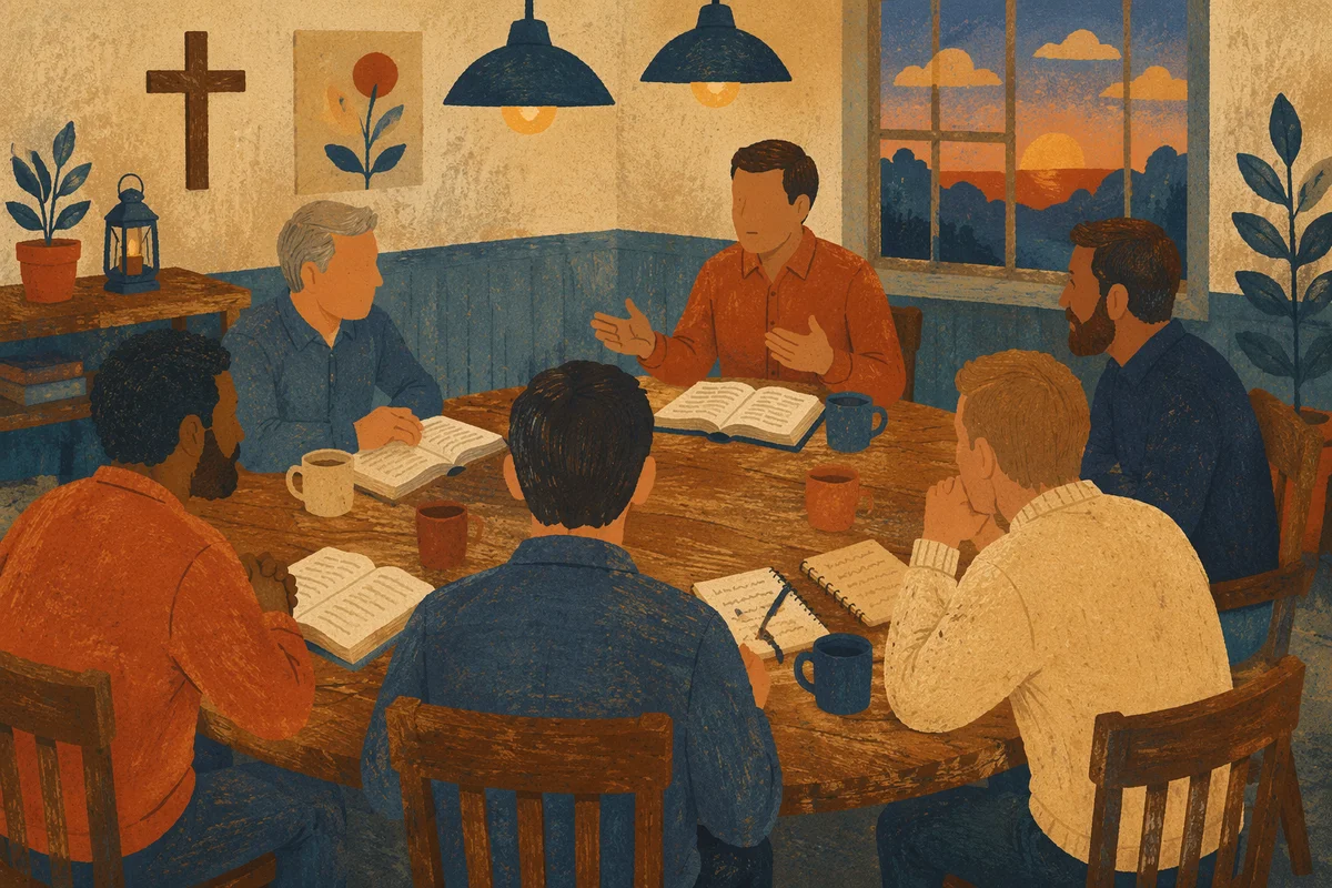 Men’s Bible Study Discussion Around Fellowship Table