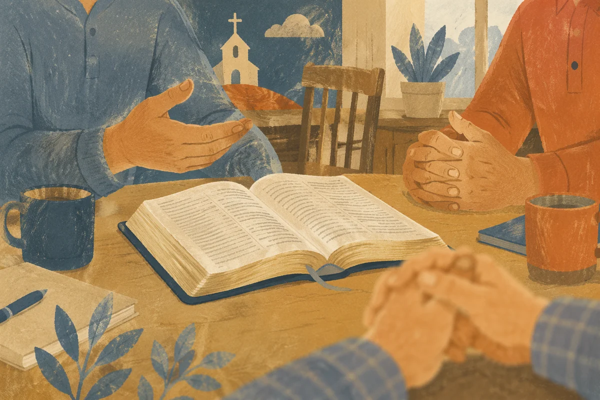 Men Discussing Scripture Around an Open Bible