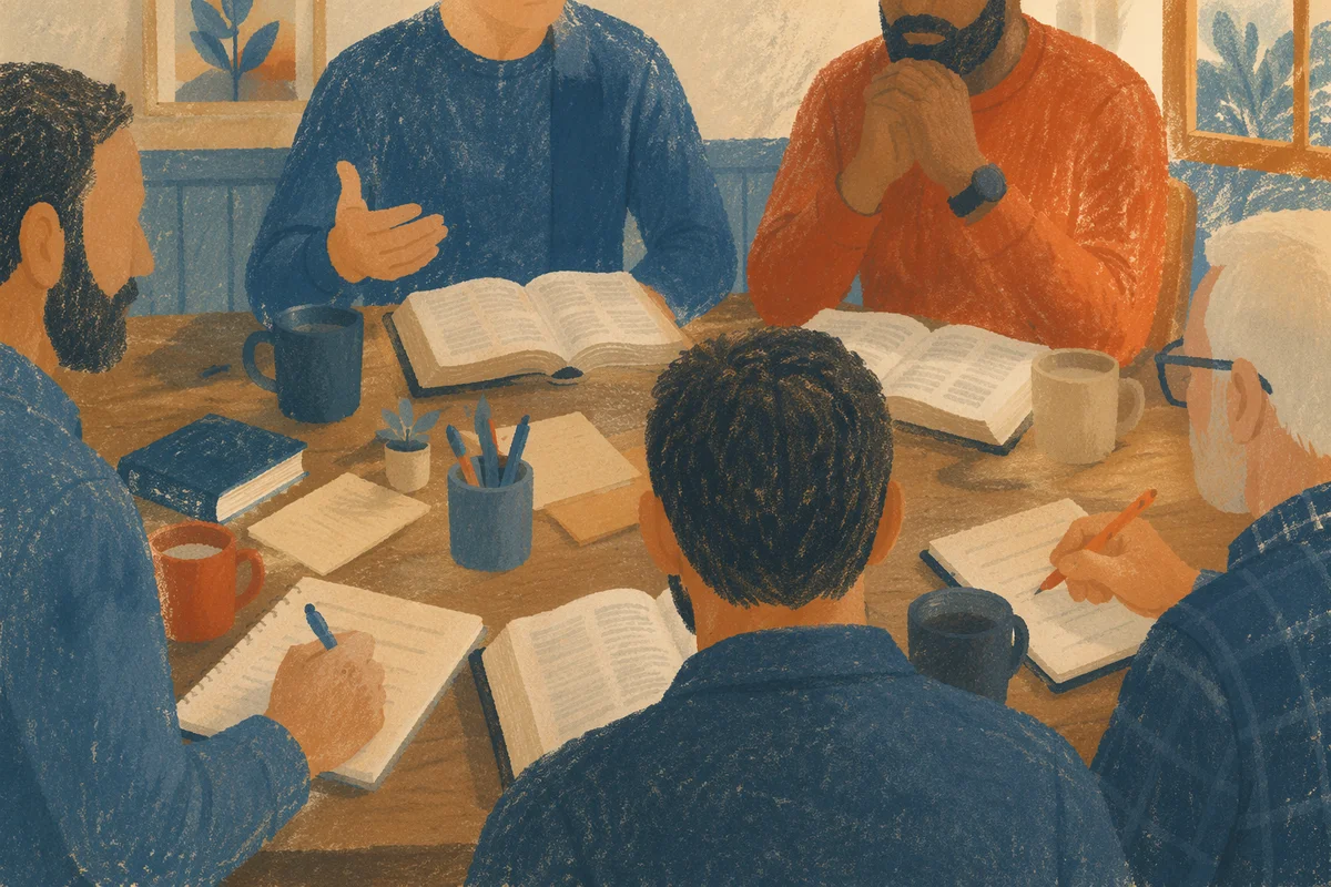 Men’s Bible Study Around Wooden Table