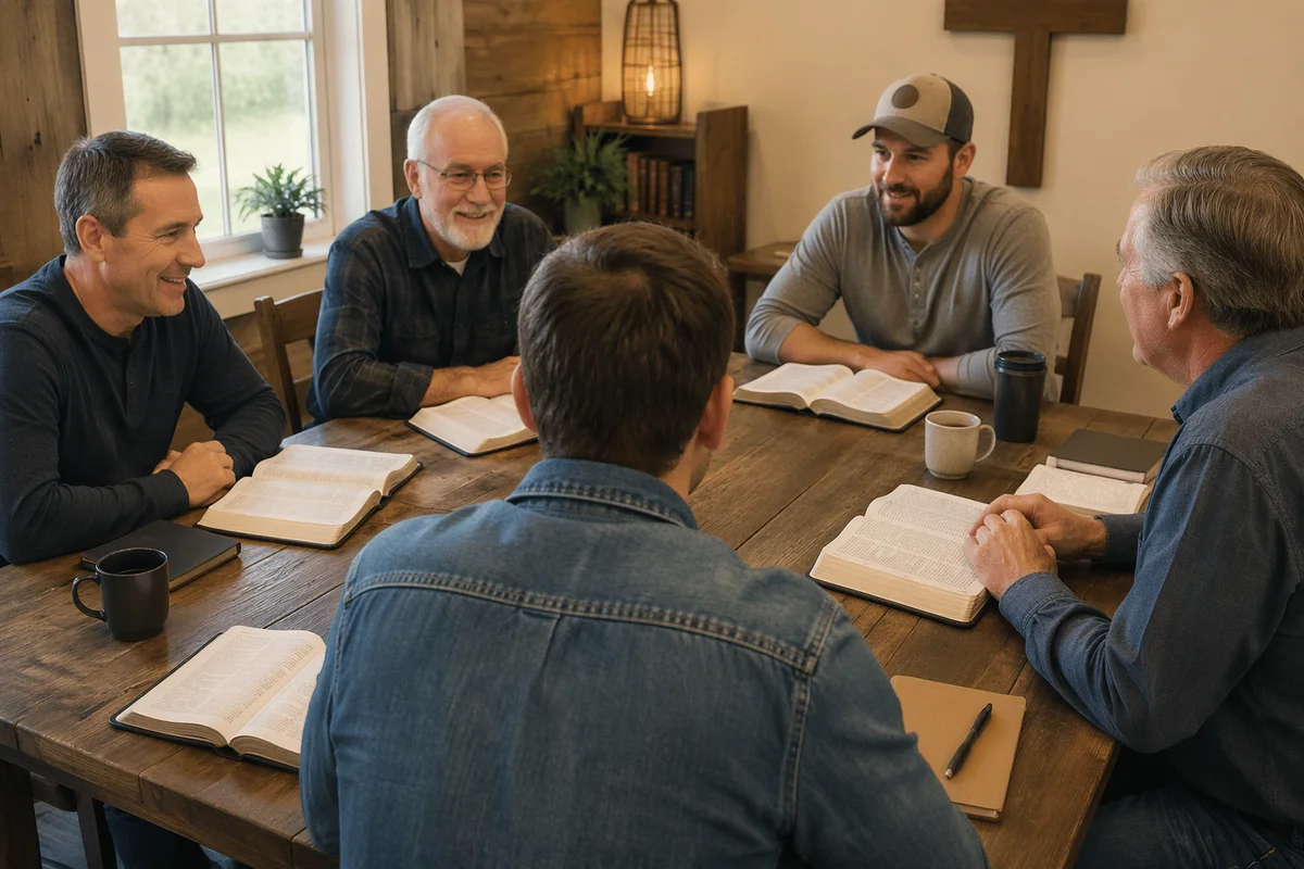 Mens Bible Study Around Wooden Table
