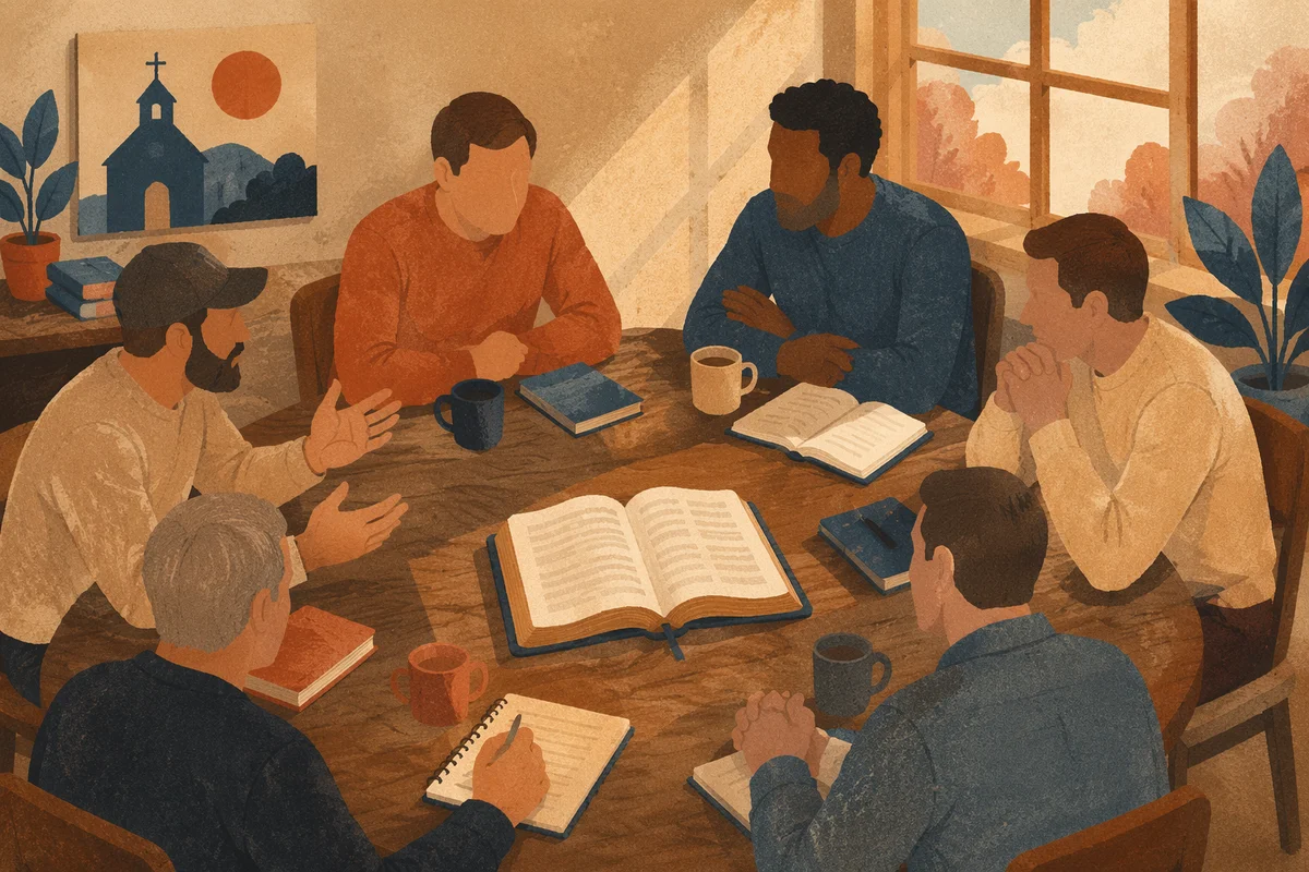 Men’s Bible Study Around Wooden Table