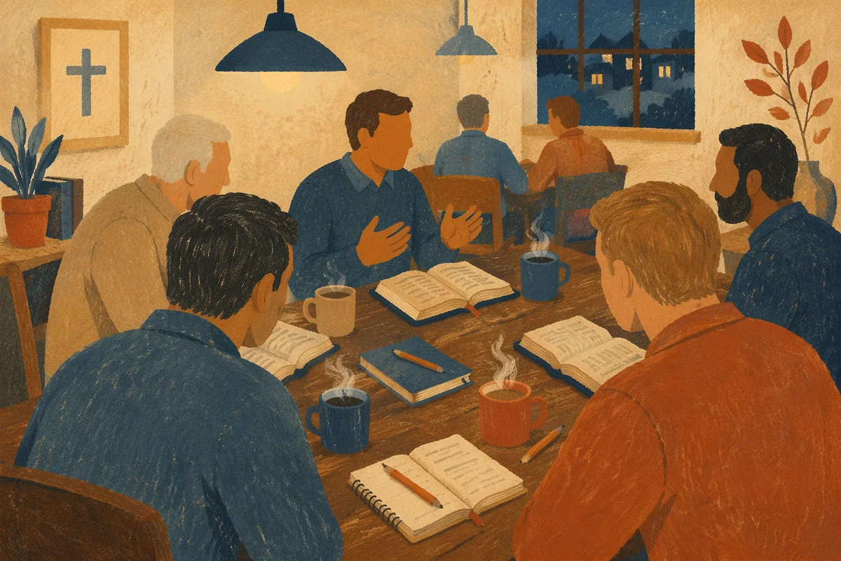 Men’s Bible Study Around Wooden Table