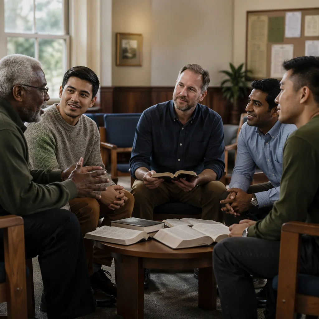 Men's Bible Study Group in Church Room