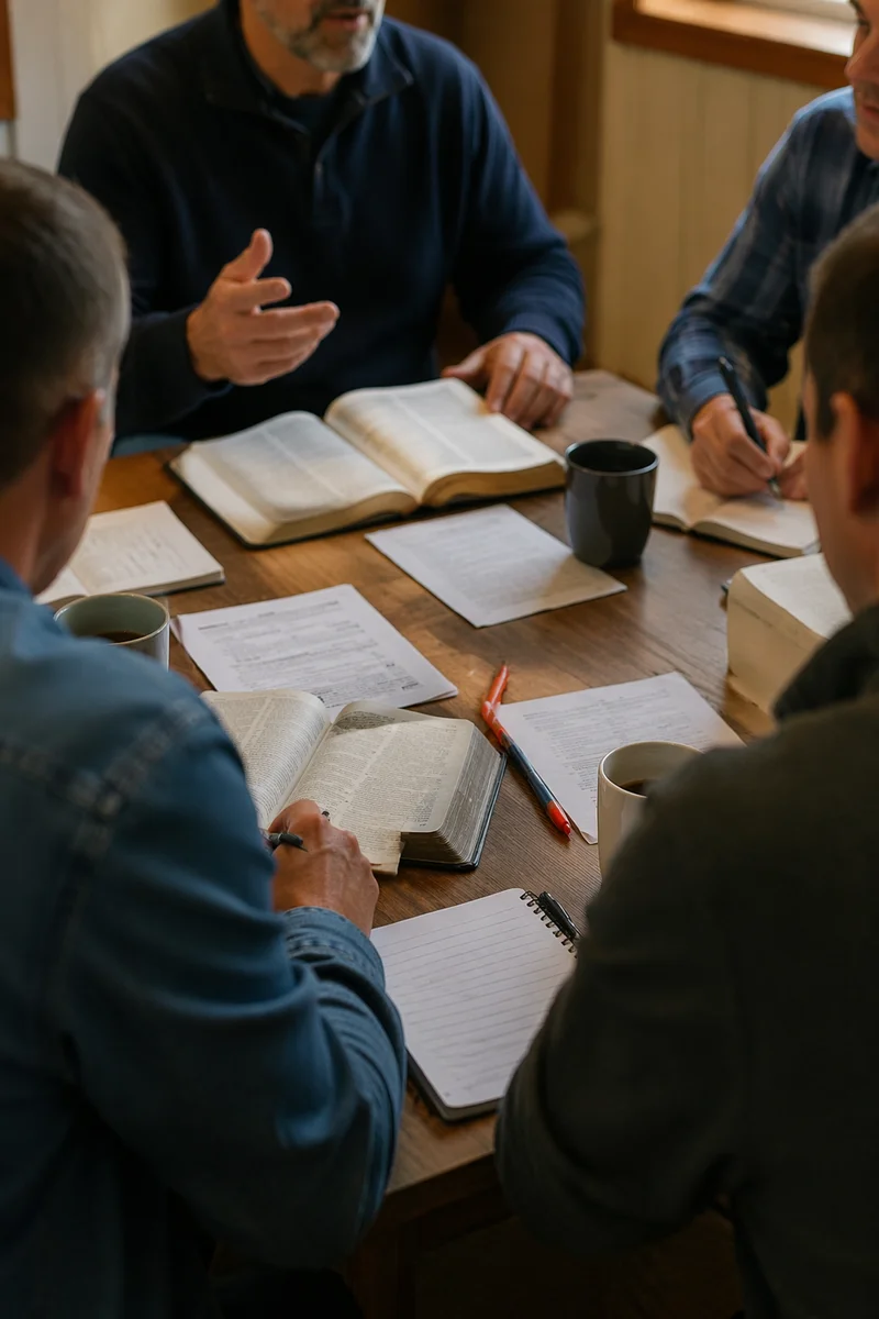 Men’s Bible Study Around Wooden Table