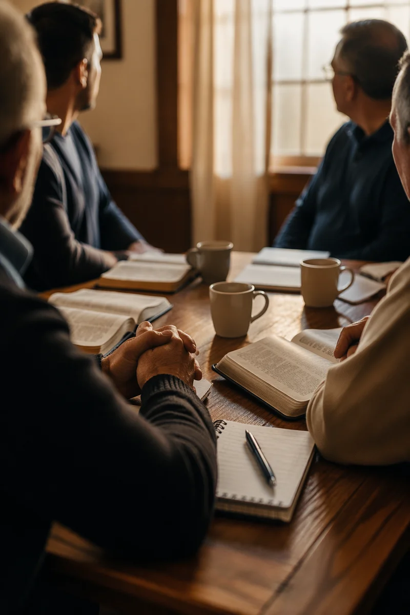 Men’s Bible Study Around Wooden Table