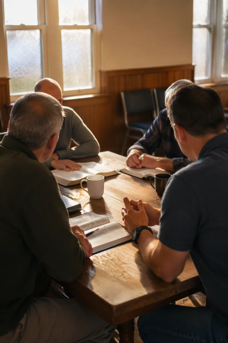 Men’s Bible Study Discussion in Fellowship Room
