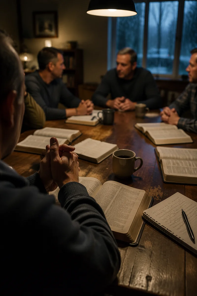 Men’s Bible Study Around Wooden Table
