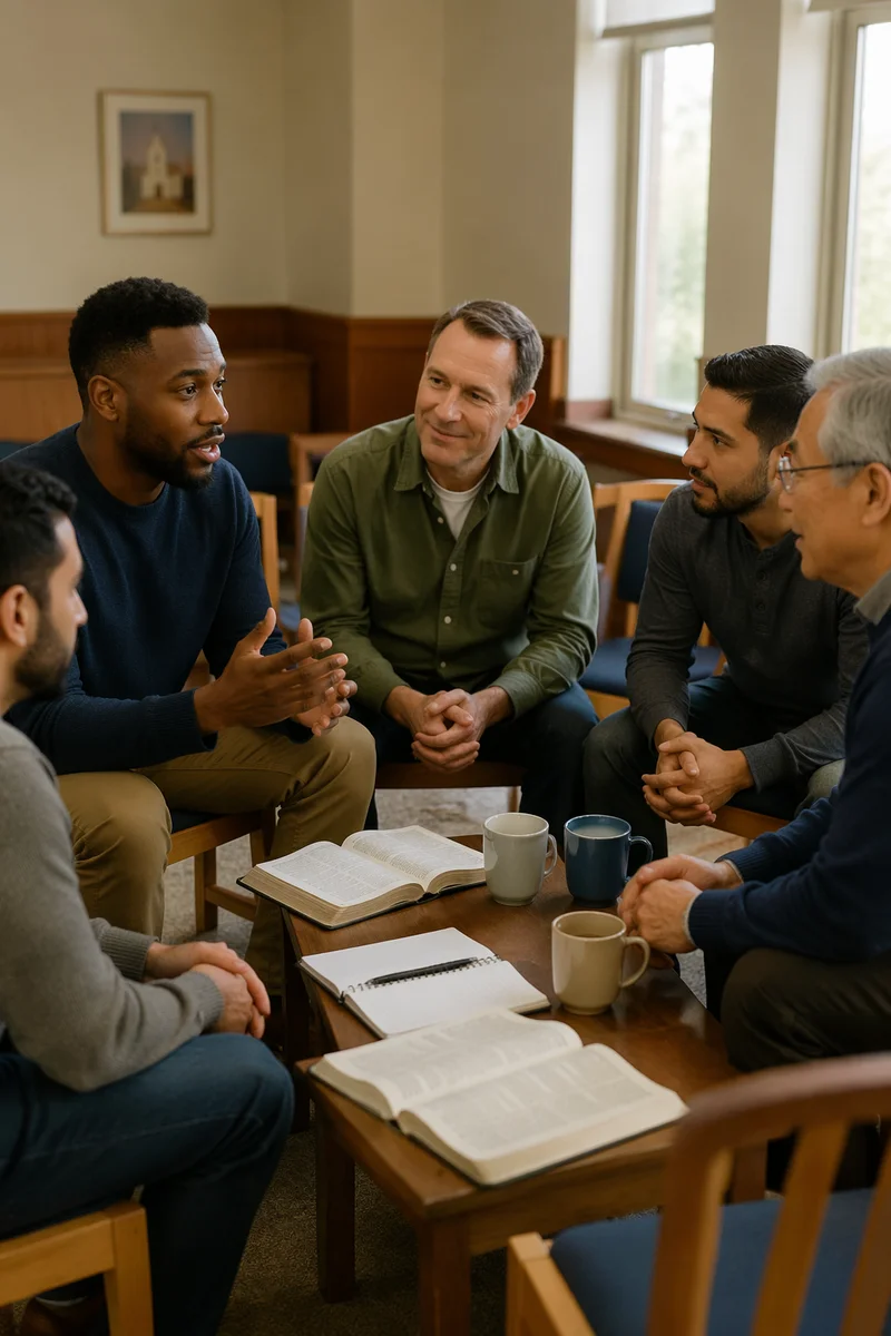 Men's Bible Study Discussion in Church Room