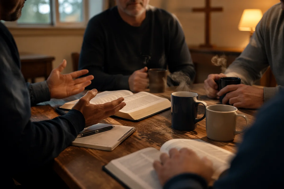 Men’s Bible Study Around Wooden Table