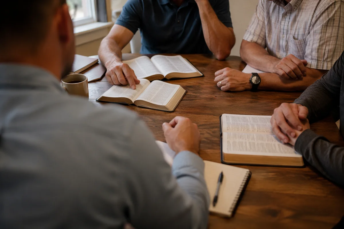 Men’s Bible Study Around Rustic Table