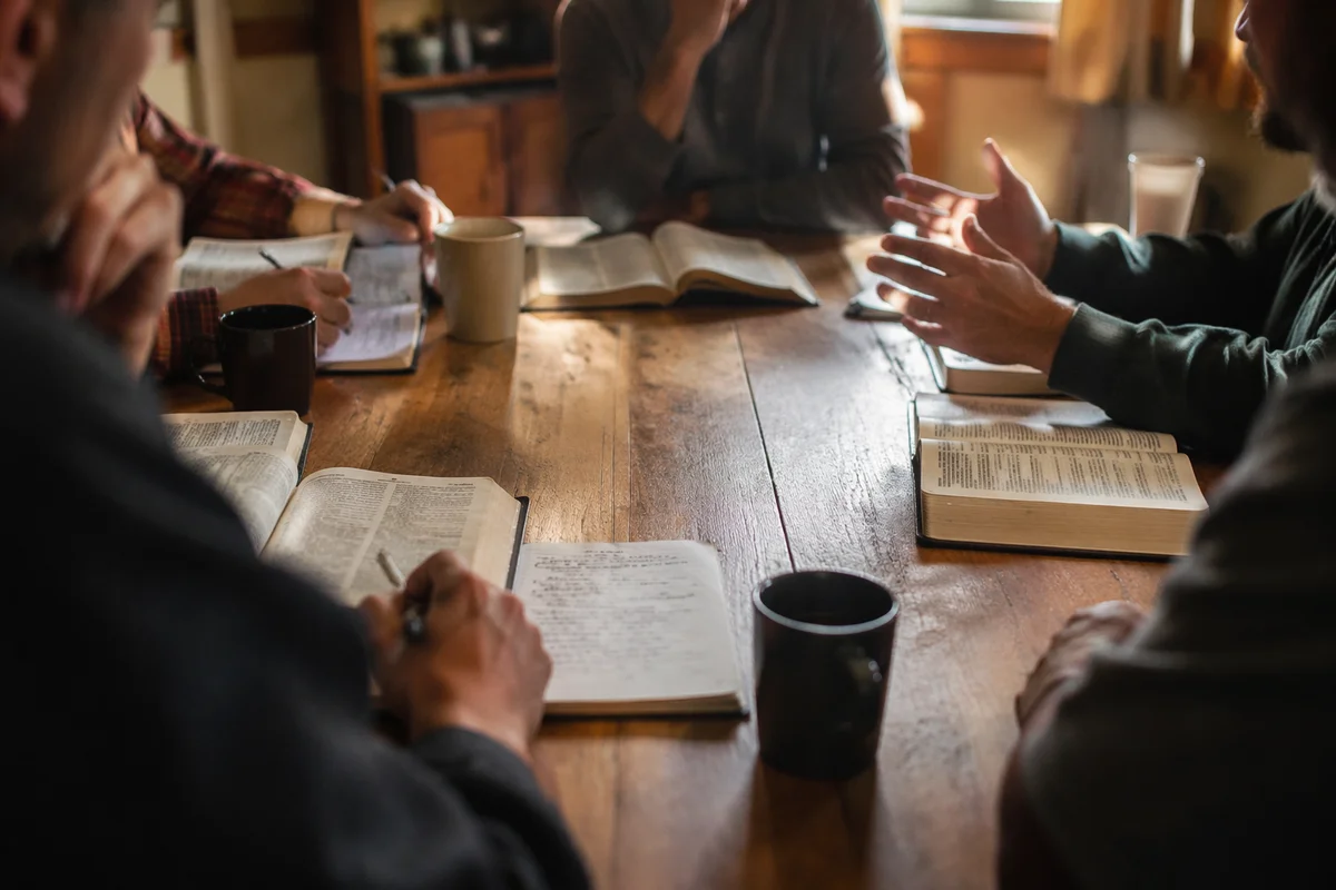 Men’s Bible Study Around Wooden Table