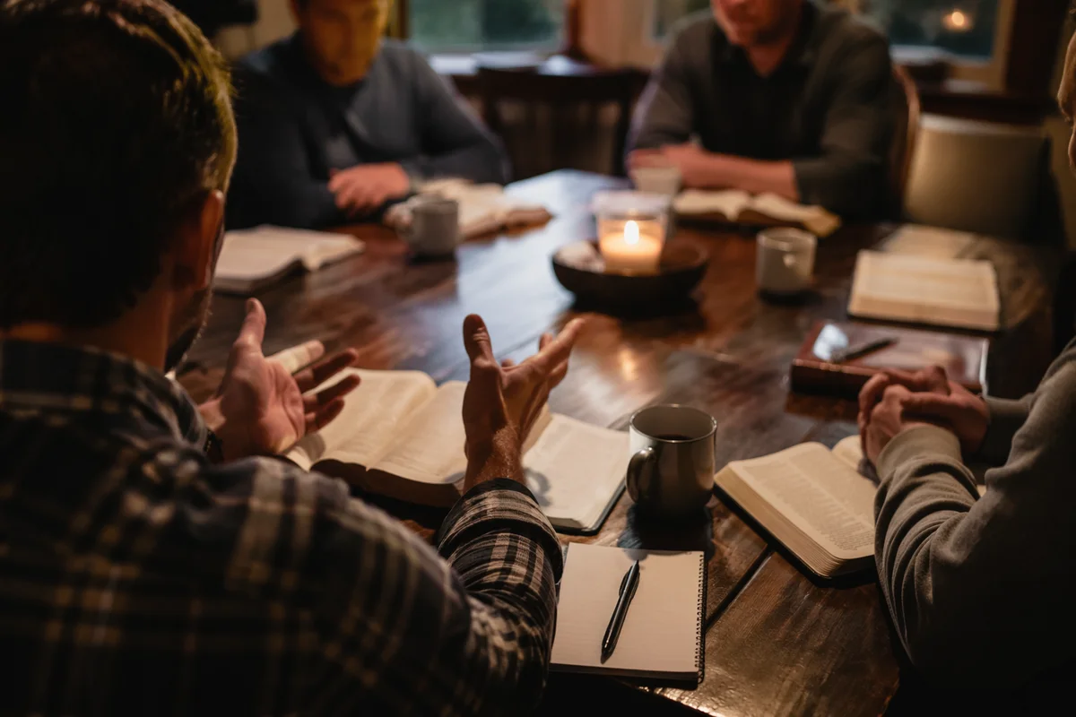 Men’s Bible Study Around Wooden Table