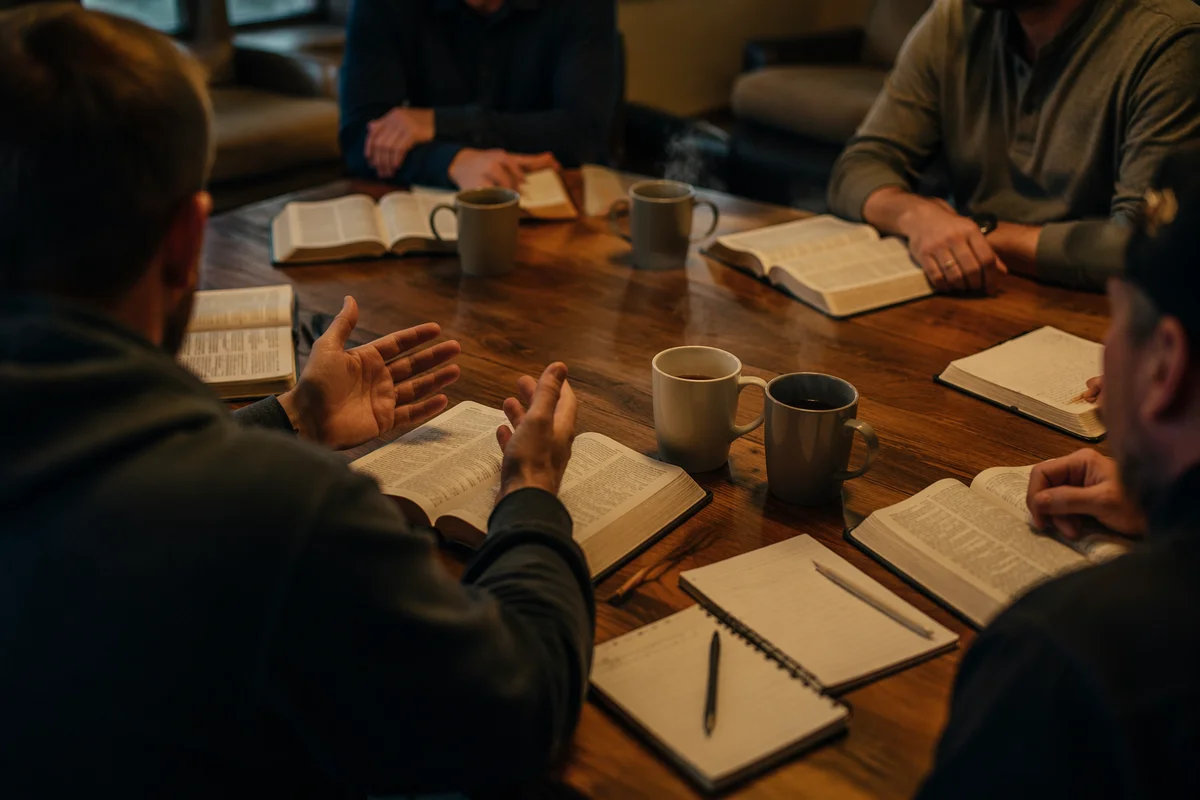 Men’s Bible Study Around Wooden Table