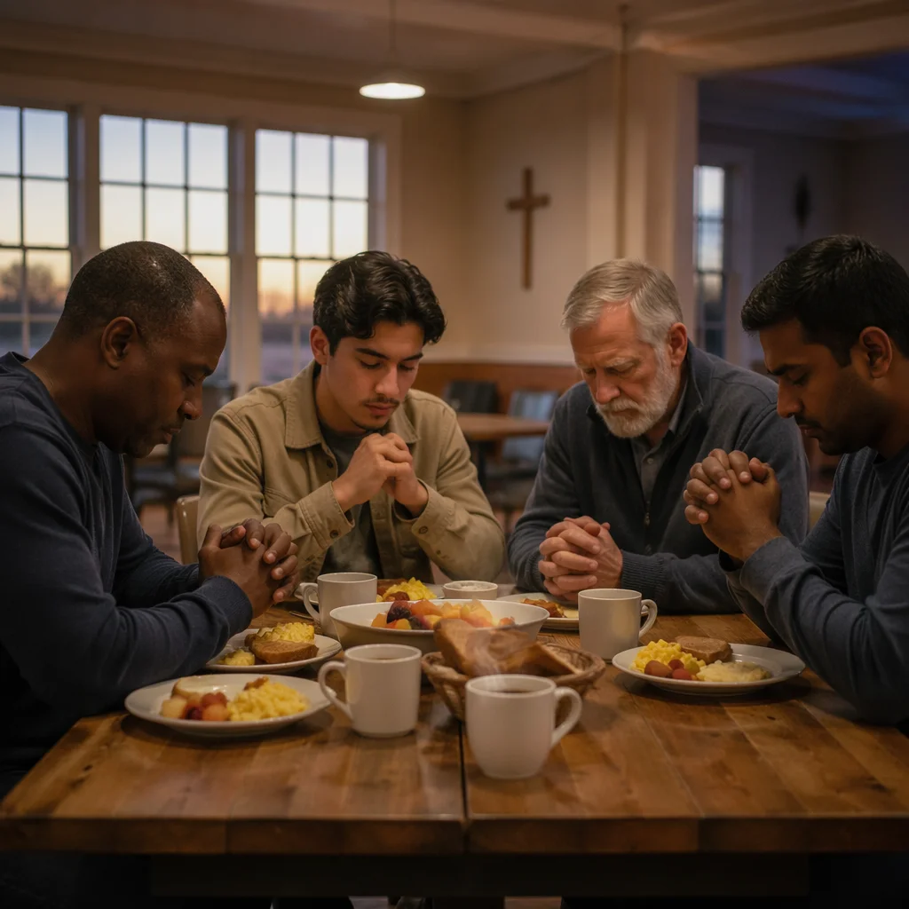 Men Praying at Fellowship Breakfast Table