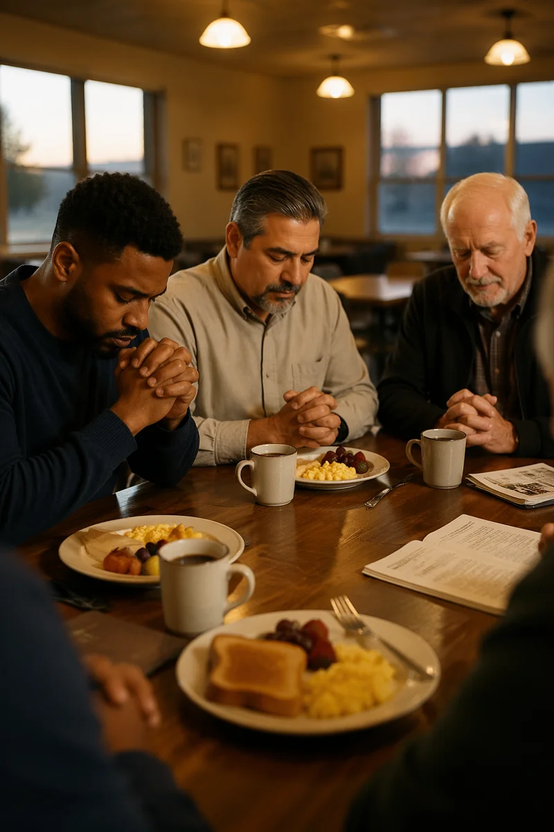 Men Praying at Breakfast Table