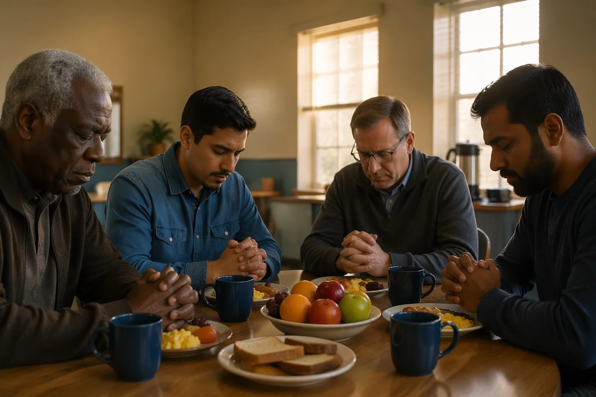 Men Praying Before Breakfast at Table