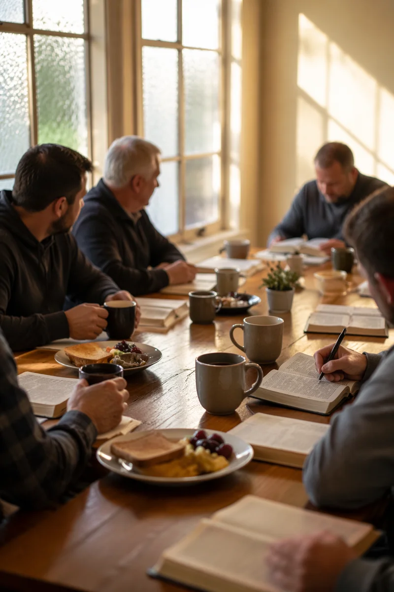 Mens Breakfast Bible Study Around Wooden Table