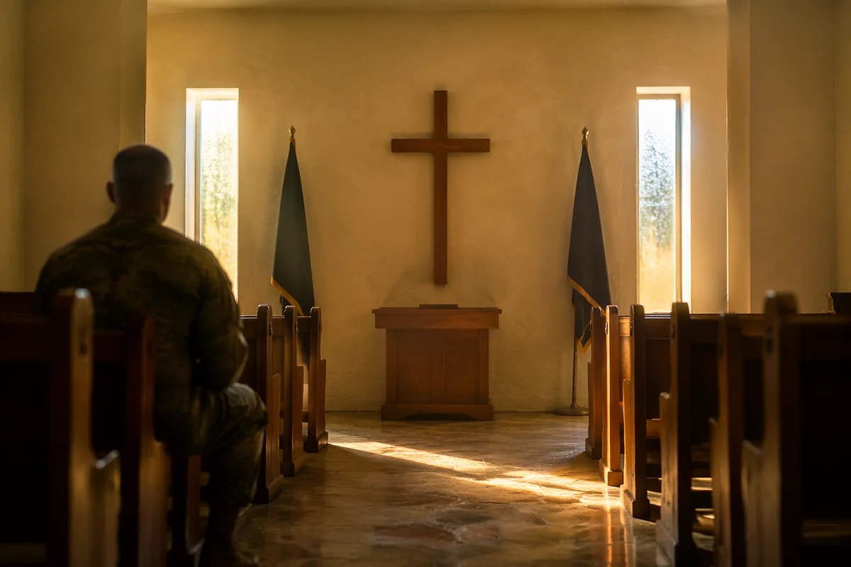 Quiet Military Chapel with Cross and Flags