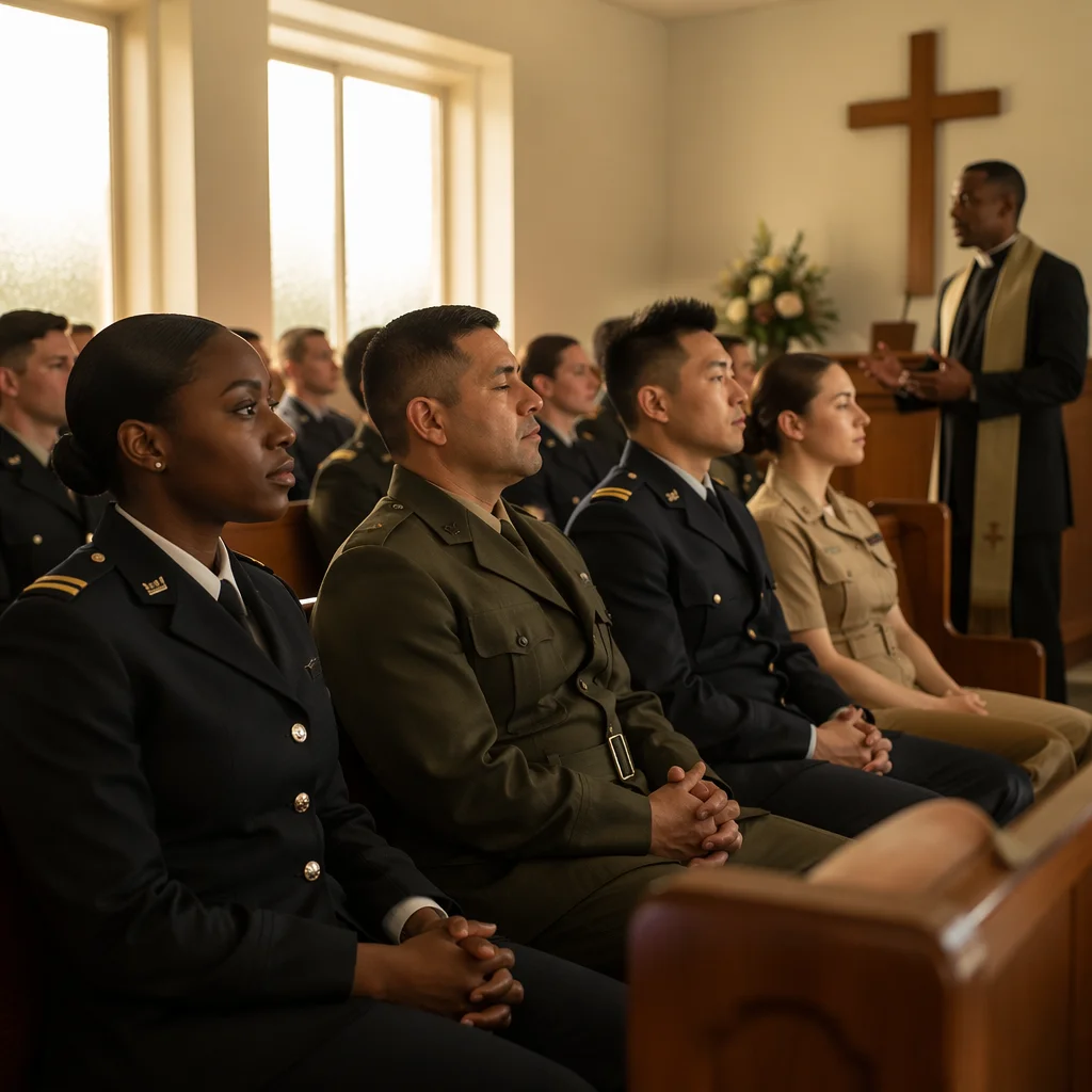 Sunlit Military Chapel Service with Diverse Congregation
