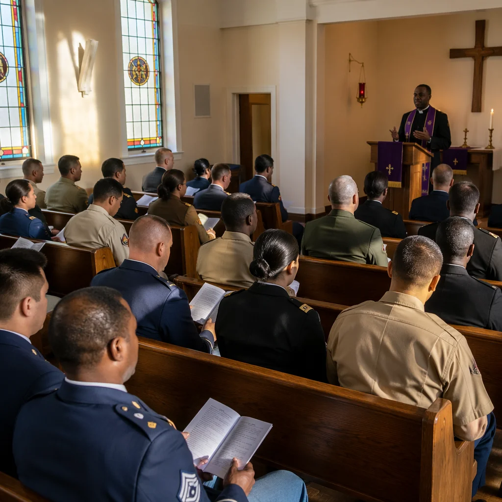 Military Chapel Service with Diverse Congregation