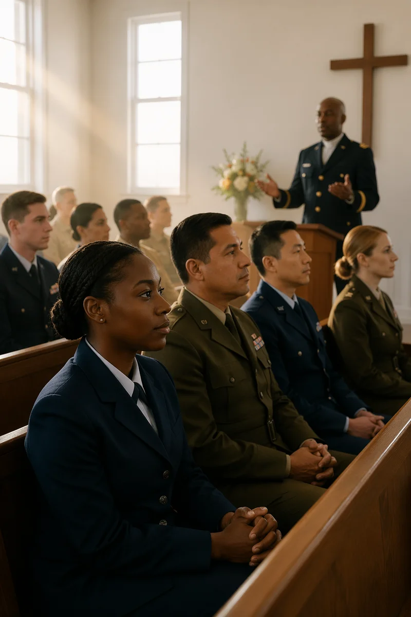 Sunlit Military Chapel Service with Diverse Congregation
