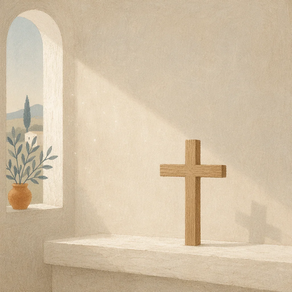 Minimal Wooden Cross on Chapel Ledge