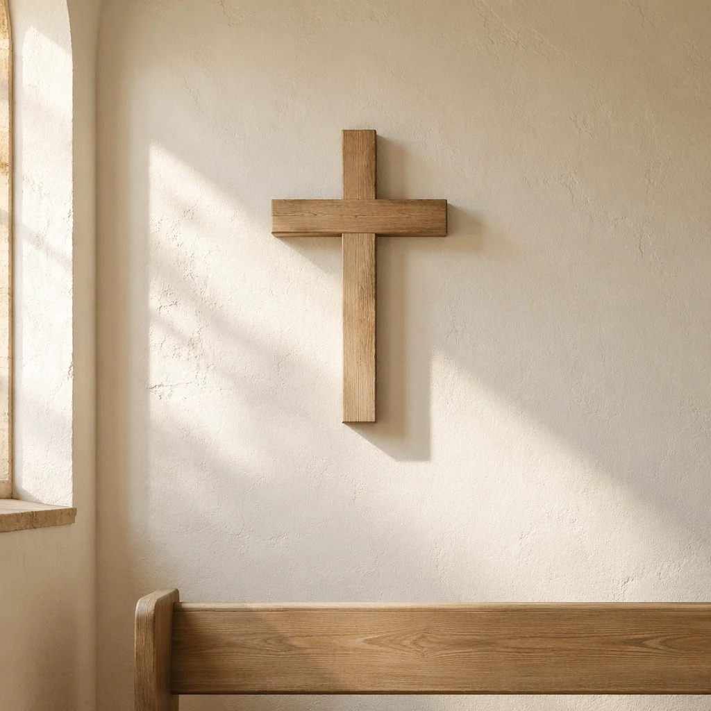 Minimal Wooden Cross on Chapel Wall