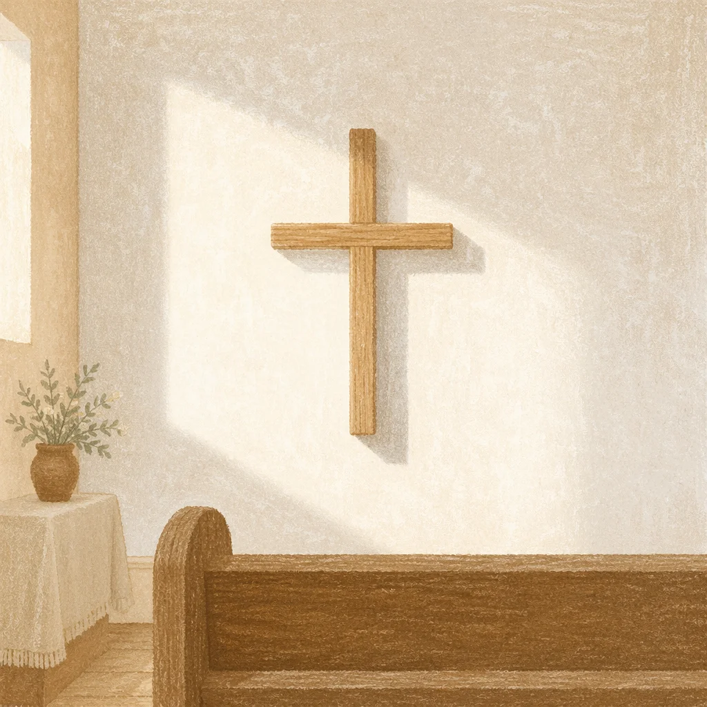 Minimal Wooden Cross on White Chapel Wall