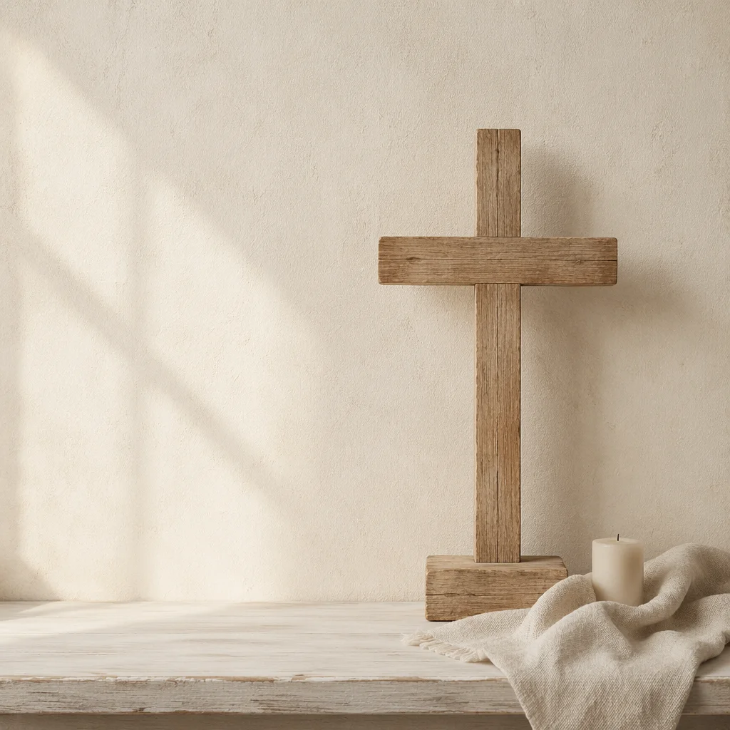 Minimal Wooden Cross on Quiet Church Shelf