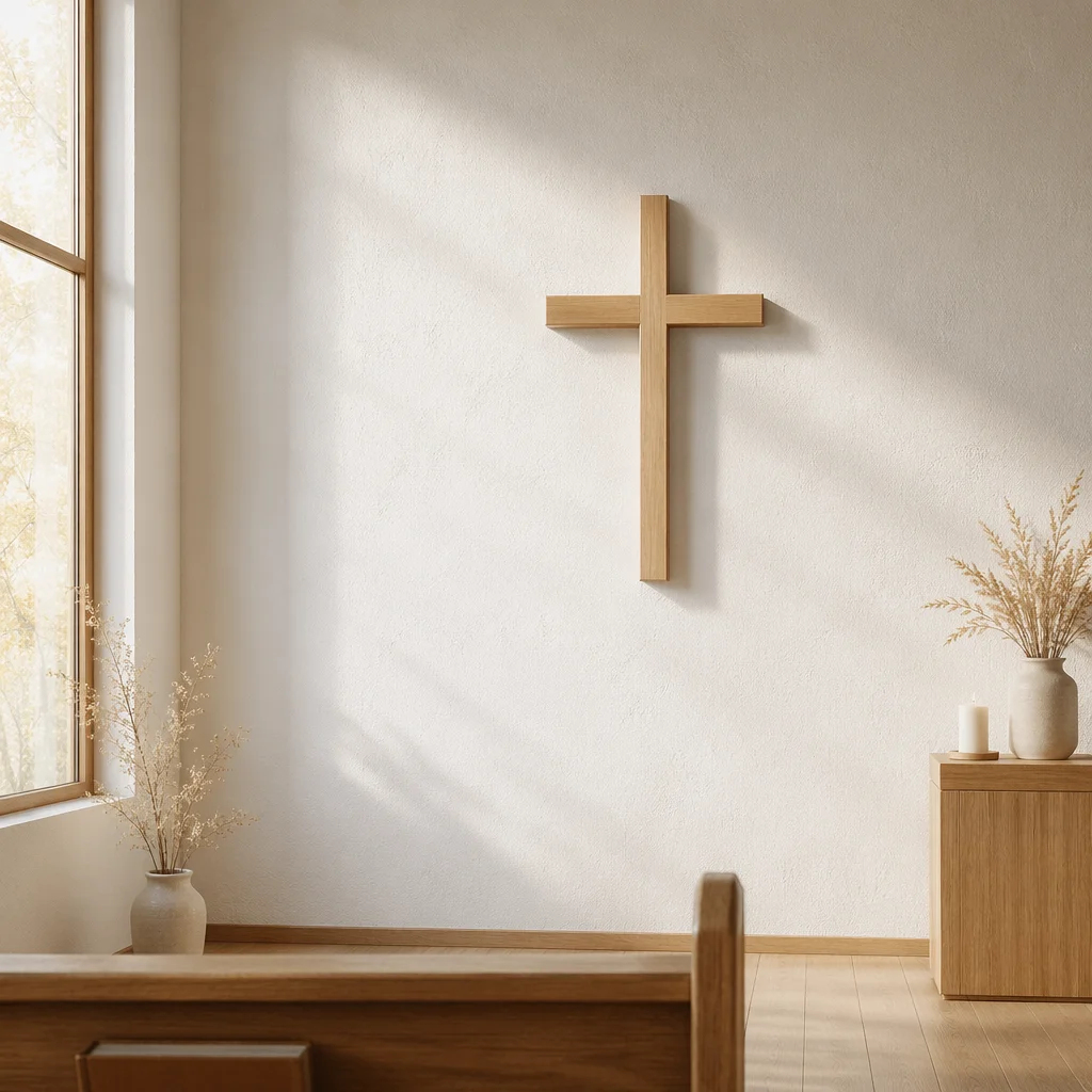 Minimalist Wooden Cross on Chapel Wall