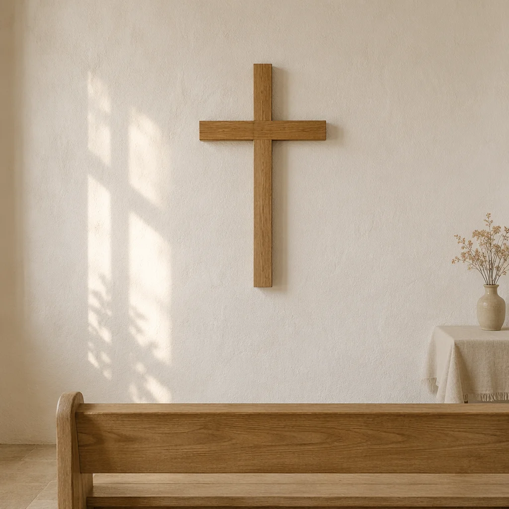 Minimalist Wooden Cross in Quiet Chapel