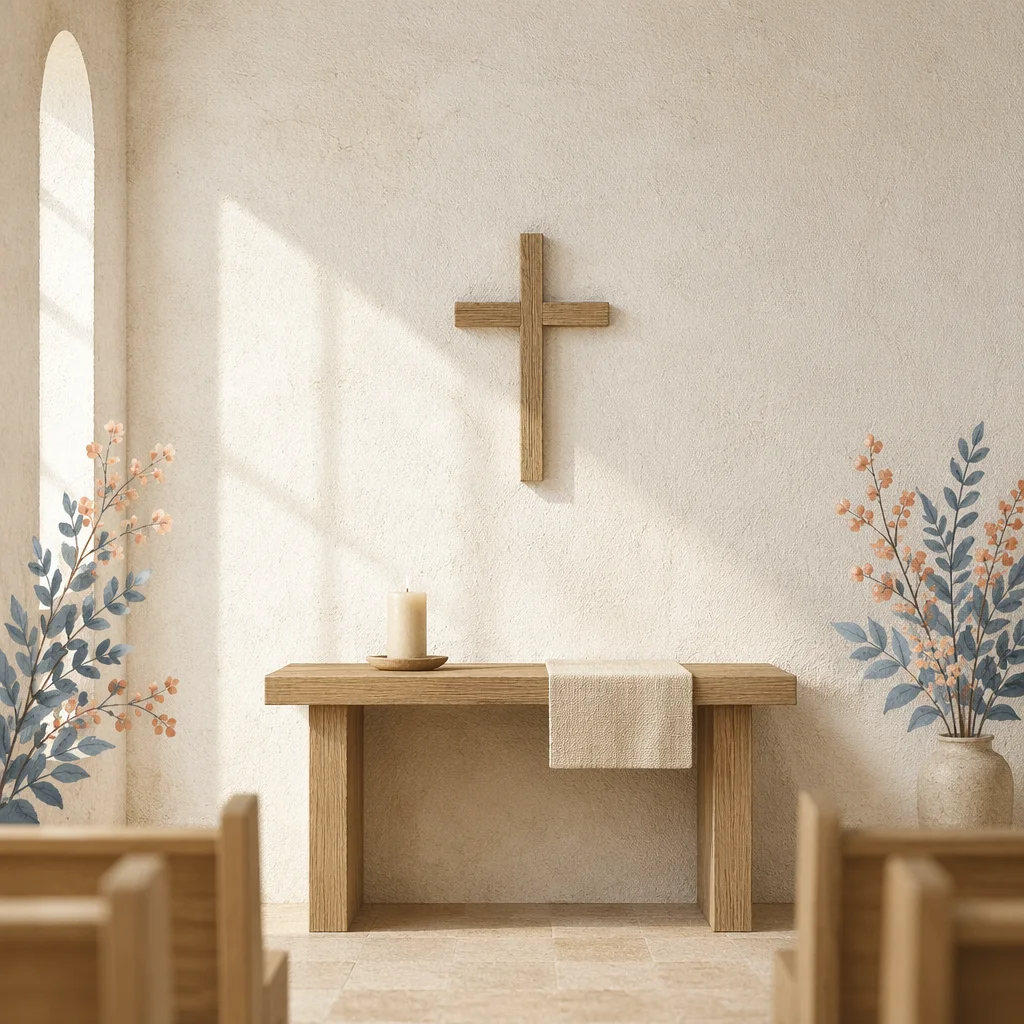 Minimalist Wooden Cross on Chapel Wall