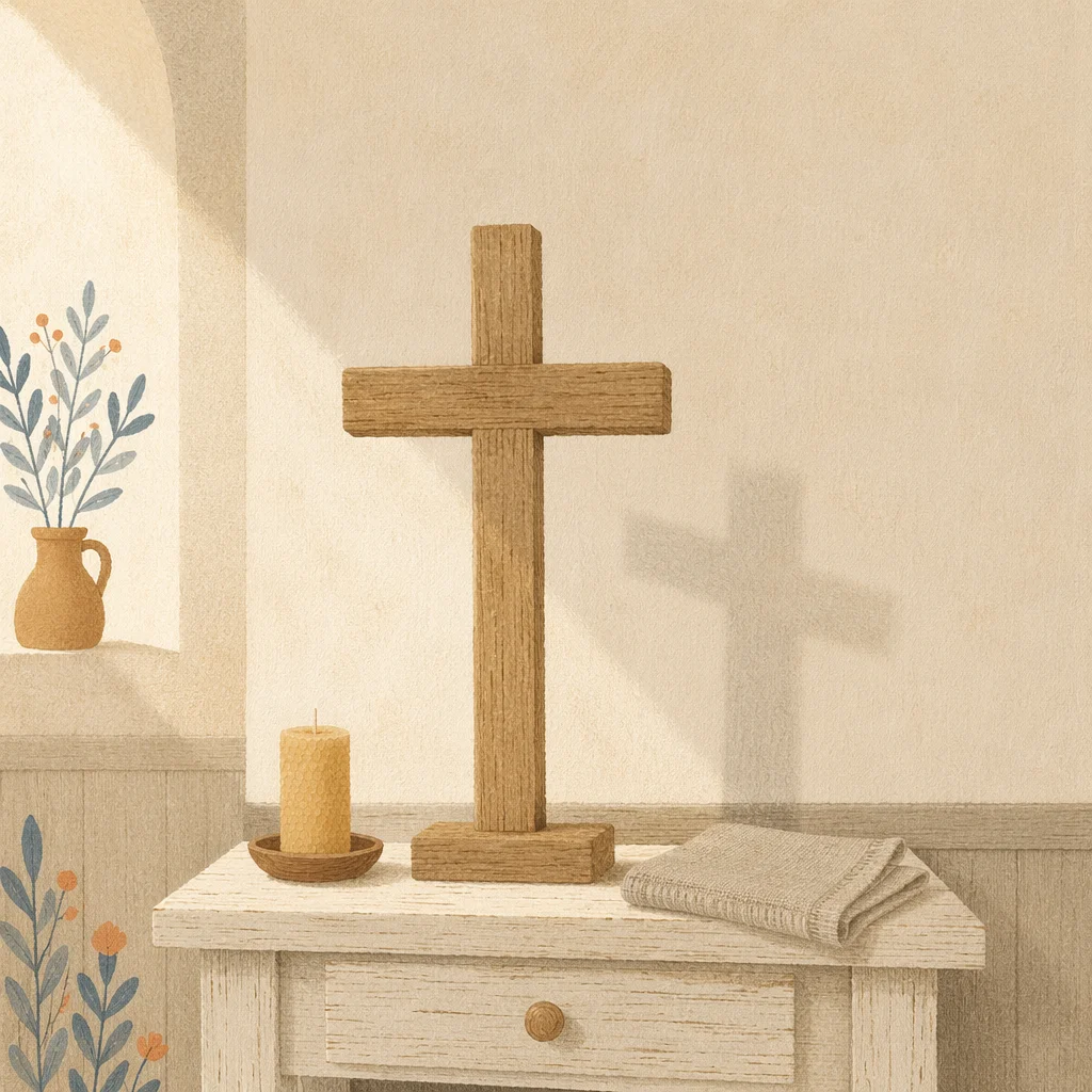 Minimal Wooden Cross on Quiet Chapel Table