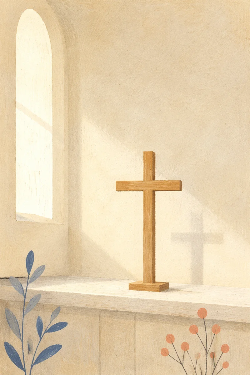 Minimal Wooden Cross on Chapel Ledge