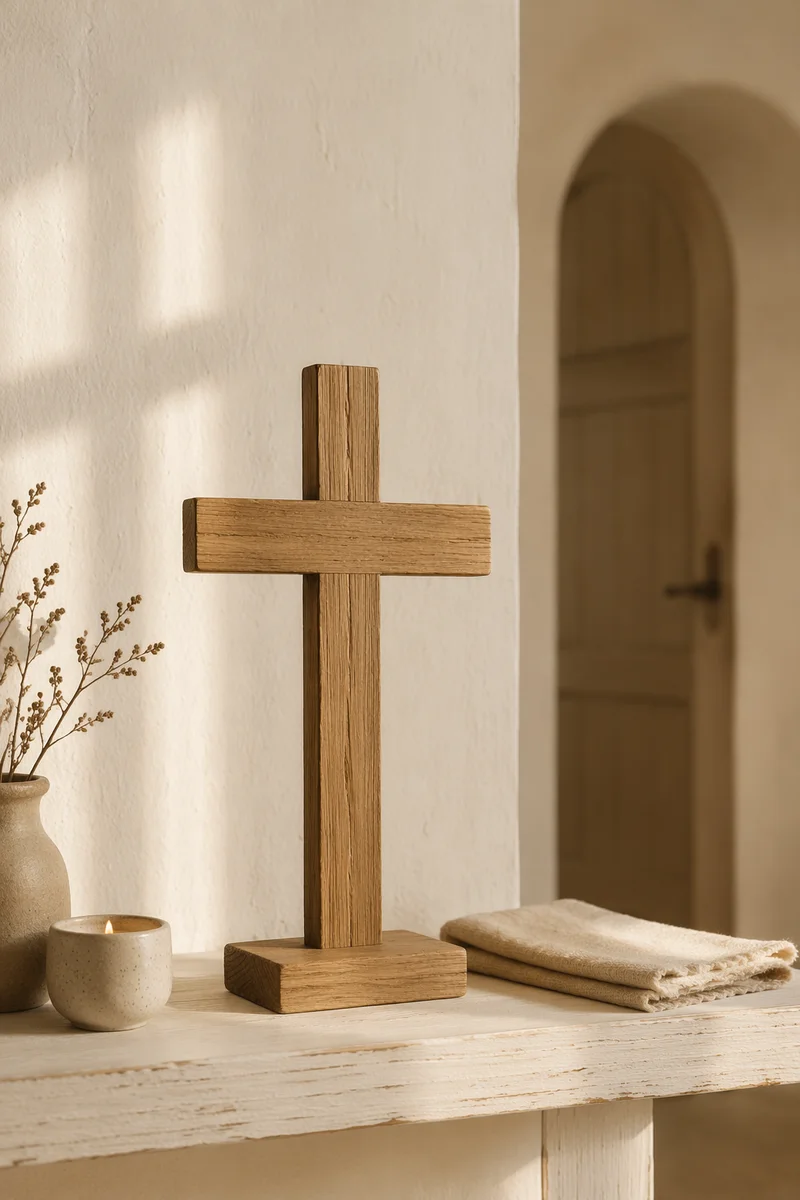Minimal Wooden Cross on Chapel Shelf